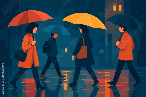 People walking with umbrellas in the rain at night in a city setting with buildings and lights