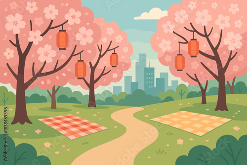 Cherry blossom trees line a park path with picnic blankets and lanterns during the day