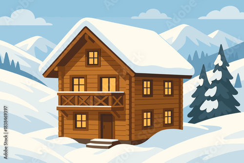 Snow-covered wooden cabin stands in a winter landscape surrounded by mountains and trees during daytime