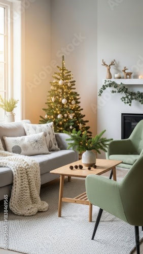 Cozy living room with a decorated christmas tree, fireplace, and modern furniture