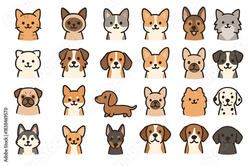 Different types of cartoon dog and cat faces in a grid showing unique features and expressions