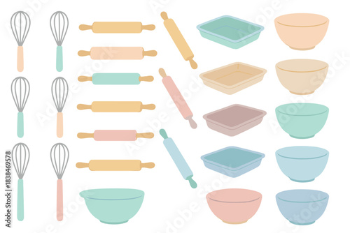 Collection of baking tools and containers arranged on a white background for cooking and baking activities
