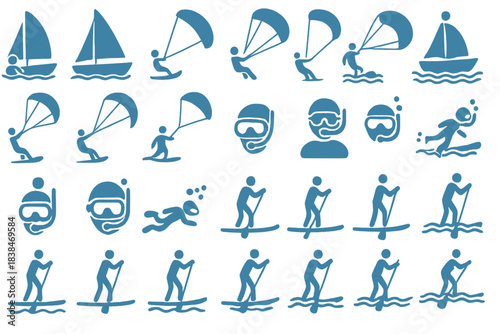 Collection of water sports activities with various figures sailing, paragliding, swimming, and paddleboarding in different styles