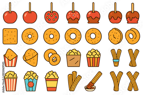 Variety of snacks displayed on a table at a fair or festival during the daytime