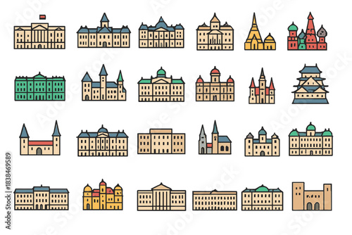 Different buildings from around the world shown in a simple style with various shapes and sizes