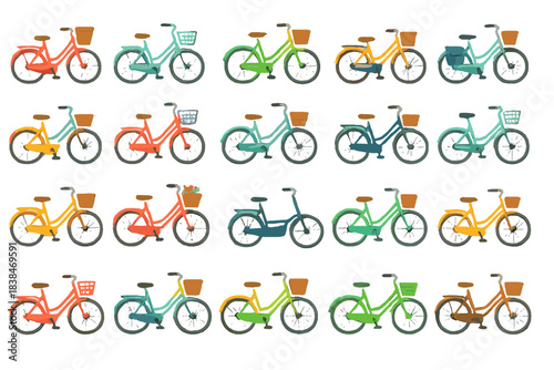 Different types of bicycles parked in a row with various colors in a simple design