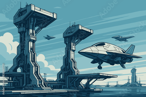 Modern aircraft taking off from futuristic launch pads with other planes in the sky during daylight