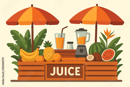 Juice stall with fruits and blender under umbrellas on a sunny day at a market