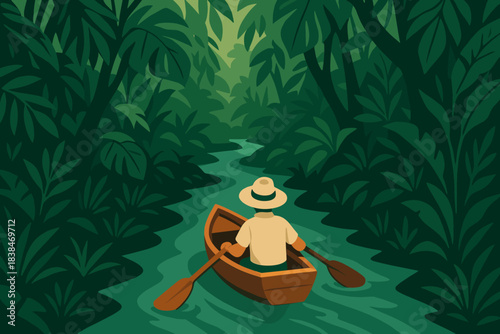 Exploring a narrow river in a boat surrounded by dense jungle vegetation during the day