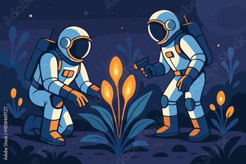 Two astronauts examine glowing flowers on an alien planet at night while stars shine in the sky