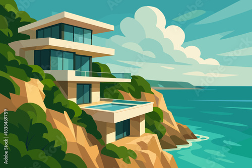 Modern house stands on cliffs overlooking blue ocean and hillside with clouds above during daytime