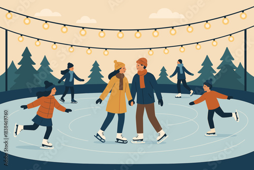 People skating on an ice rink surrounded by trees and lights during a winter evening