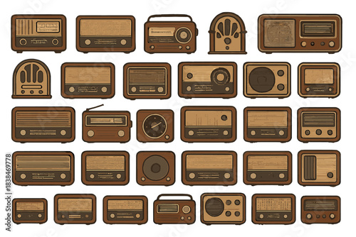Collection of vintage radios displayed in various styles and designs, showcasing a range of wood finishes and features