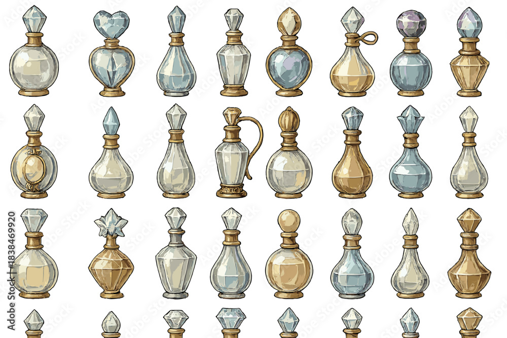 Obraz premium Collection of decorative glass bottles in various shapes and sizes displayed on a flat surface