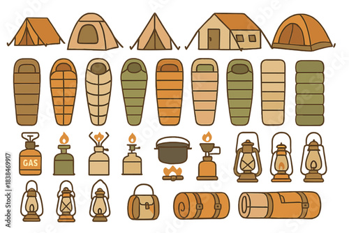 Camping gear and equipment collection with various tents, sleeping bags, lanterns, and cooking items in a simple design
