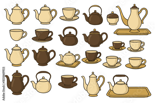 Different types of tea sets with teapots, cups, and trays arranged on a flat surface