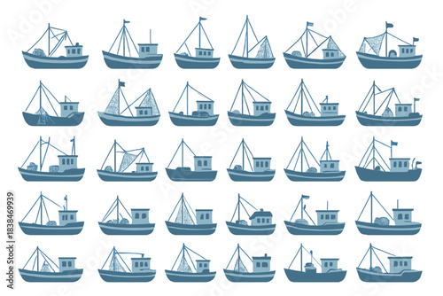 Groups of fishing boats at sea, showing various designs and sizes in a pattern