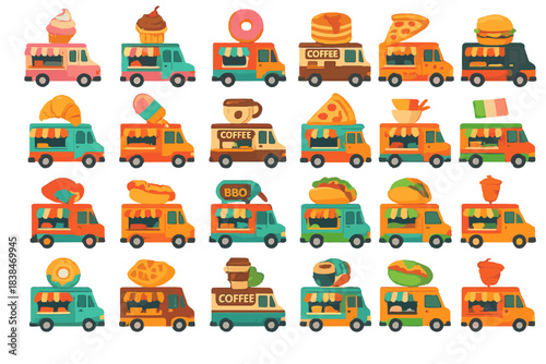 Food trucks offer various snacks and meals in a colorful graphic design featuring different types of cuisine and drinks