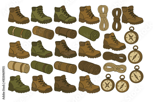 Various hiking equipment items for outdoor adventures and exploration activities