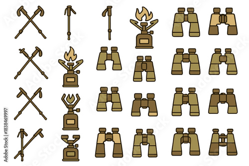 Collection of camping and outdoor equipment including tools, binoculars, and stoves arranged in a grid format
