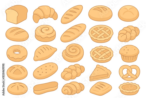 Different types of baked goods arranged in a grid pattern showing bread, pastries, and desserts in a simple design