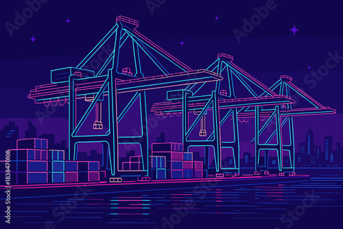 Container cranes at night near a city waterfront with colorful lights and shipping containers stacked