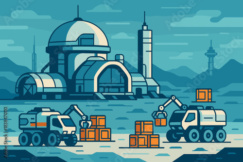 Workers move boxes with machines at a construction site near a large building in a mountain area during the day