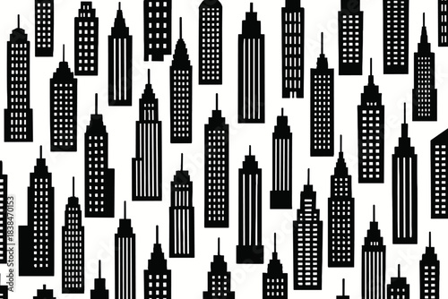 Tall buildings in various designs arranged in a pattern on a plain background