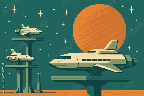Space crafts on platforms with a large orange planet in the background against a starry sky