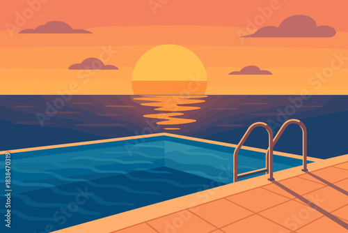 Sunset view over water pool with steps and clouds in clear skies