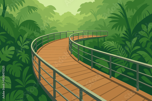 Walkway curves through green jungle area in the morning light surrounded by dense trees and plants