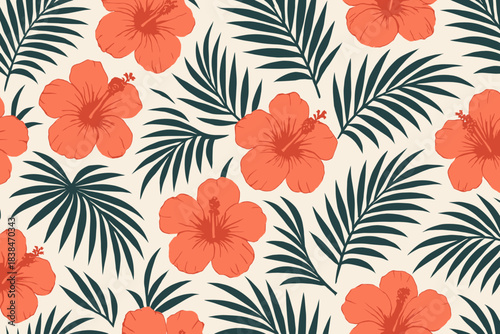 Colorful hibiscus flowers and green leaves arranged in a pattern on a light background