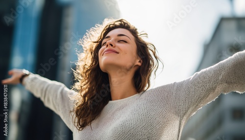 Young Woman In The City, Smiling And Raising Arms While Enjoying The Fresh Air. A Joyful Moment Captured On Camera.