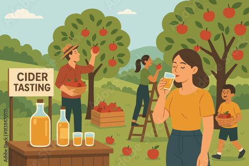 Cider tasting event with families picking apples in an orchard during a sunny day