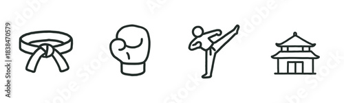 Set of four hand-drawn martial arts icons featuring a black belt, boxing glove, kicking fighter, and dojo, rendered in a simple black and white line art style