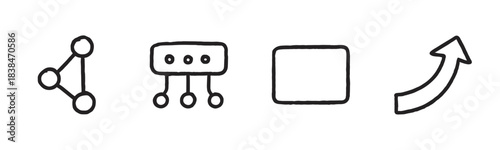 Four black hand-drawn business interface icons representing sharing, server connection, stop, and growth in a simple minimalist doodle style illustration set for web or app design