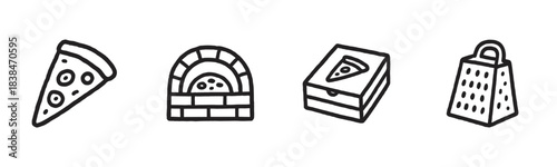 Hand drawn pizza icon set with a slice, brick oven, delivery box, and cheese grater in a simple black and white line art doodle style for a pizzeria or restaurant menu
