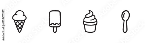 Hand-drawn ice cream and dessert icons set in a minimalist black line art style, featuring a waffle cone, popsicle, soft serve cup, and a spoon for a sweet summer treat