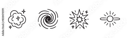 Four black and white hand-drawn icons featuring a magic puff, a spiral vortex, an explosion starburst, and a sun symbol in a minimalist doodle sketch style for various concepts