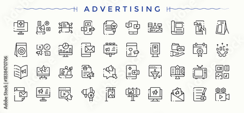 Advertising modern icon set. Outline symbol collection. Containing business, promotion, communication, online marketing. Vector illustration. Marketing icon.
