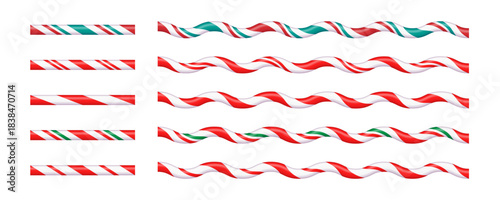 A set of brushes for Christmas candy cane frames with red and white stripes. A striped Christmas candy cane design. A New Year's template with space for text. Vector illustration on a white background