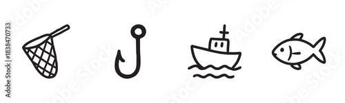 Four black hand-drawn fishing icons set including a net, hook, boat, and fish in a minimalist doodle style, representing a simple graphic illustration for hobby or sport