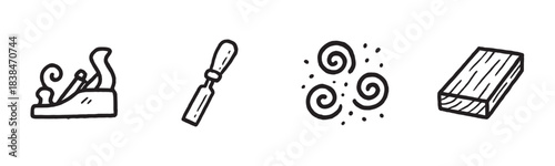 Four hand-drawn black and white woodworking icons depict essential tools and materials, including a plane, a chisel, wood shavings, and a lumber plank, rendered in a simple, artistic doodle style