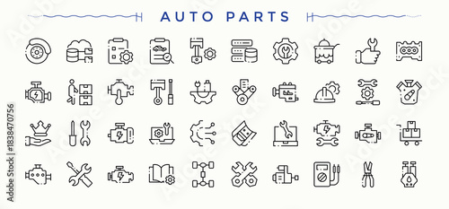 Auto Parts linear icon collection. Line symbol and sign. Service icon set. Contain linear sign auto, automotive, part, element, engine, repair, car and more.