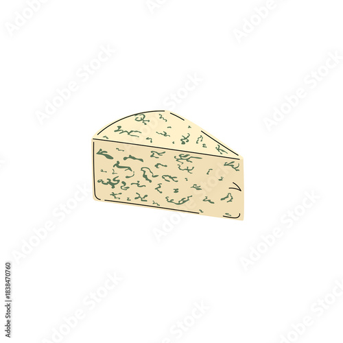 Blue cheese piece in flat modern style. Gorgonzola, Roquefort wedge in simple minimalistic design. Vector illustration isolated on white.
