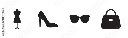 Four black silhouette fashion accessory icons are displayed, including a mannequin, high heel shoe, sunglasses, and a handbag, presented in a clean, graphic style