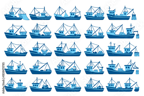 Various fishing boats lined up in a graphic display showing different designs and arrangements