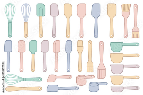Colorful kitchen utensils arranged in a pattern with various tools for cooking and baking