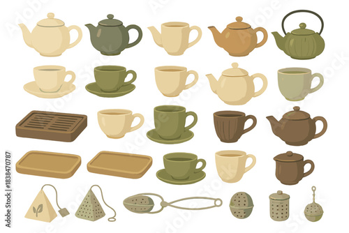 Different types of teapots, cups, and tea accessories arranged in a simple pattern on a light background