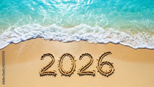 Fototapeta Naklejka Na Ścianę i Meble -  The year 2026 written in the sand on a tropical beach with gentle ocean waves washing ashore